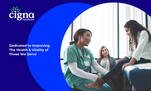 Cigna Healthcare artwork showing a clinician speaking with a patient